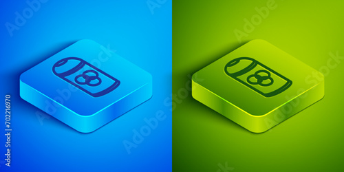Isometric line Paint spray can icon isolated on blue and green background. Square button. Vector