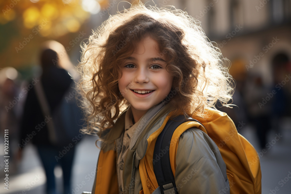 A little girl with a school backpack on her back . Preparatory summer courses for children. A little girl with a school backpack on her back . Preparatory summer courses for children.