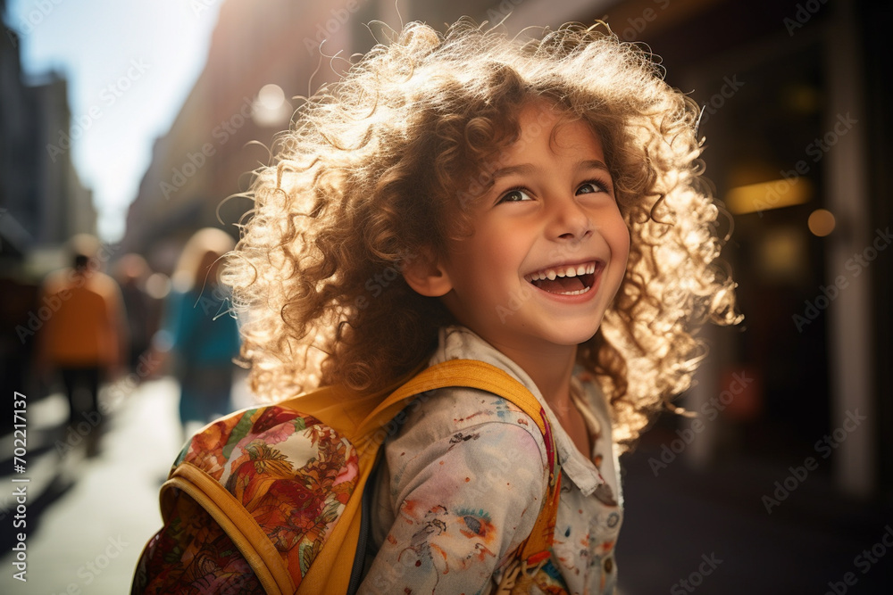 Happy school girl with backpack portrait outdoors. Portrait of schoolchild at autumn at the street Happy school girl with backpack portrait outdoors. Portrait of schoolchild at autumn at the street