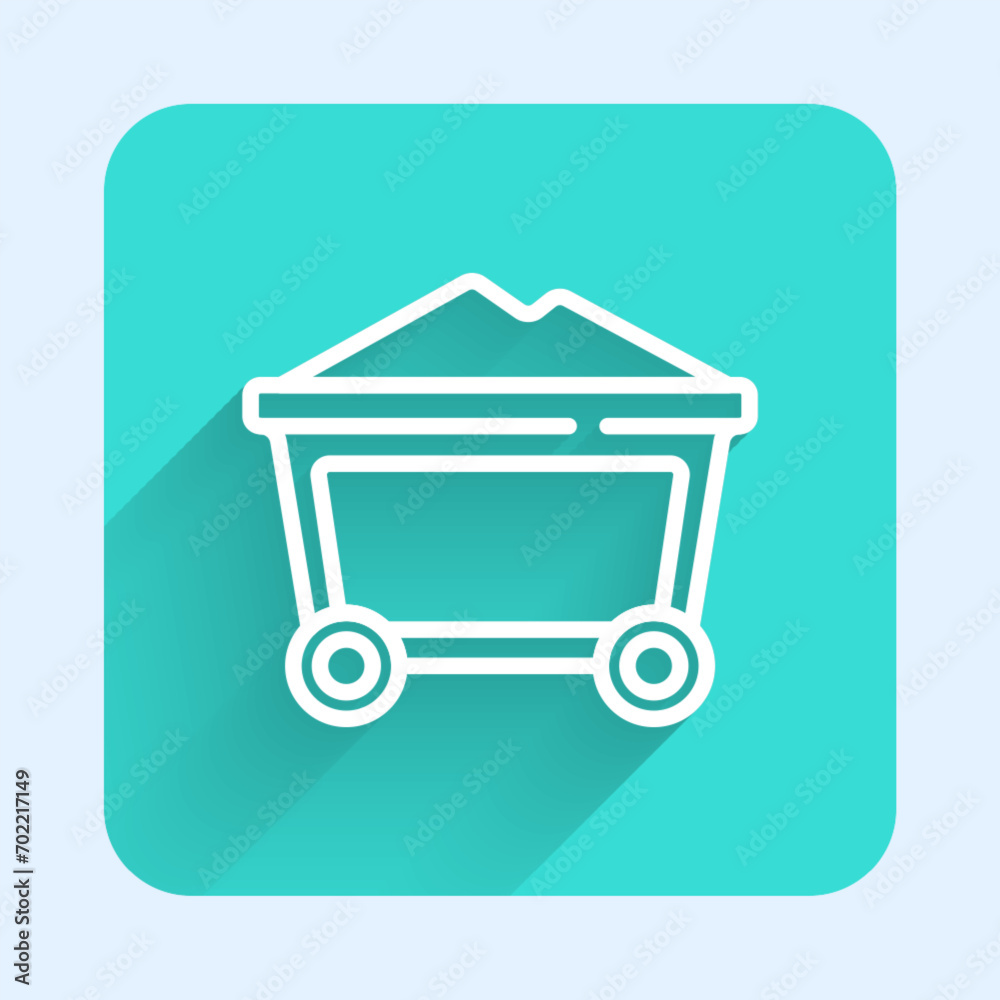 White line Mine coal trolley icon isolated with long shadow background. Green square button. Vector White line Mine coal trolley icon isolated with long shadow background. Green square button. Vector