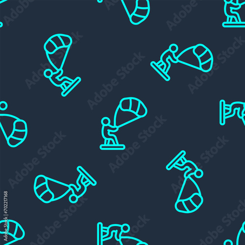 Green line Kitesurfing icon isolated seamless pattern on blue background.  Vector