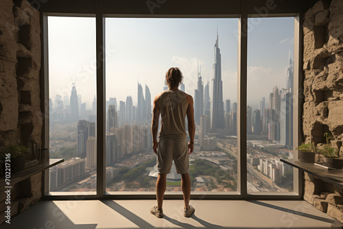 Young healthy man is doing sports at home against the background of a panoramic window