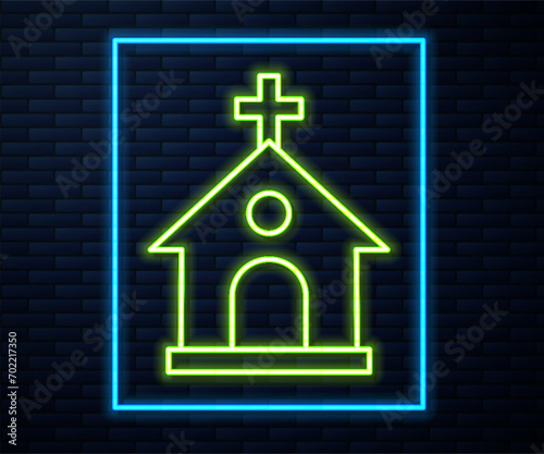 Glowing neon line Church building icon isolated on brick wall background. Christian Church. Religion of church.  Vector