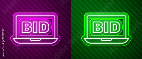 Glowing neon line Online auction icon isolated on purple and green background. Bid sign. Auction bidding. Sale and buyers.  Vector