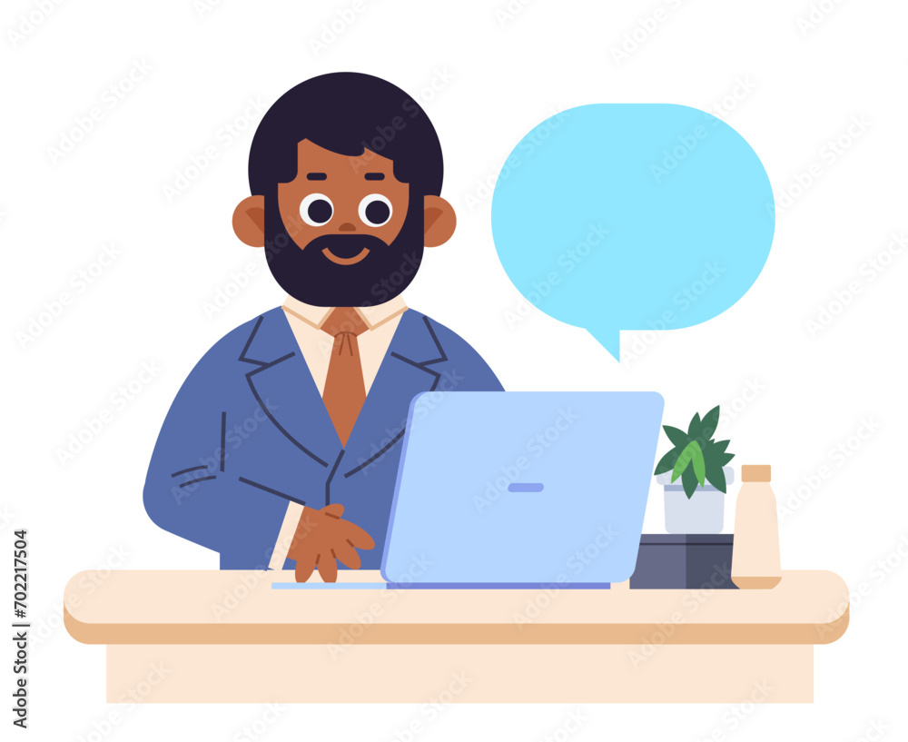 African American man in blue business suit works at laptop on isolated background. Cartoon vector illustration