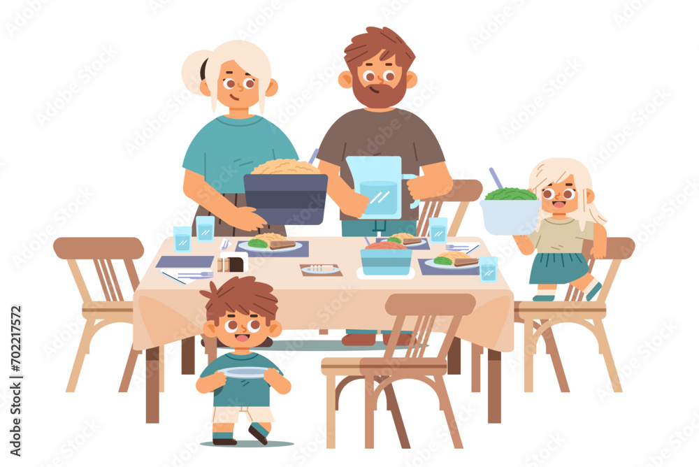 Happy children help parents to serve dinner. Preparing for dinner on isolated background. Flat vector illustration. Happy children help parents to serve dinner. Preparing for dinner on isolated background. Flat vector illustration.