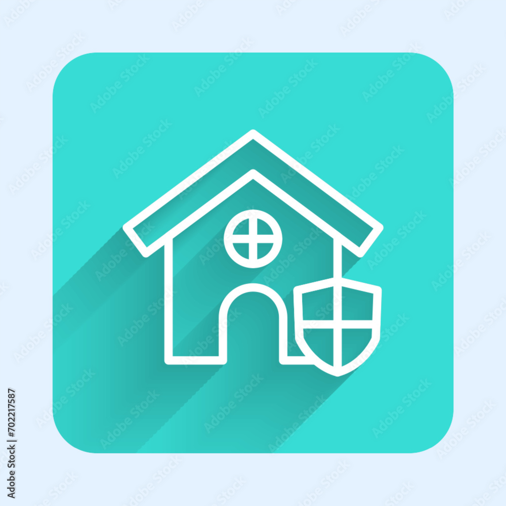 White line House with shield icon isolated with long shadow background. Insurance concept. Security, safety, protection, protect concept. Green square button. Vector White line House with shield icon isolated with long shadow background. Insurance concept. Security, safety, protection, protect concept. Green square button. Vector
