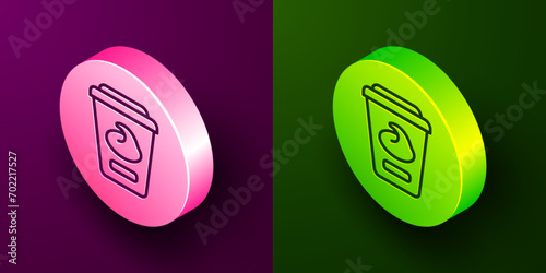 Isometric line Yogurt container icon isolated on purple and green background. Yogurt in plastic cup. Circle button. Vector