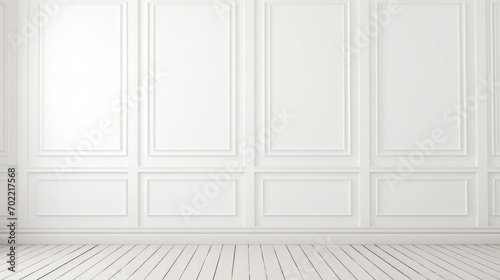 Empty white panelling wall background  classical design  with light colored floors. Mock up