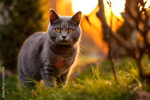 British Shorthair cat walking in the garden at sunset. Beautiful pet portrait.