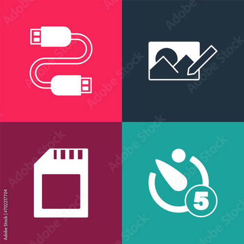 Set pop art Camera timer, SD card, Photo retouching and USB cable cord icon. Vector