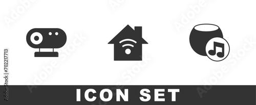 Set Web camera, Smart home with wi-fi and Voice assistant icon. Vector