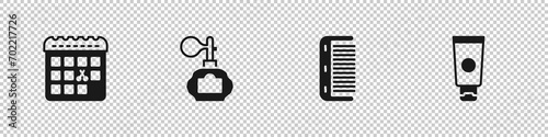 Set Calendar with haircut day, Aftershave, Hairbrush and Cream cosmetic tube icon. Vector