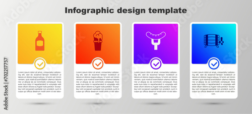 Set Beer bottle, Glass of beer, Sausage on the fork and Wooden barrel. Business infographic template. Vector