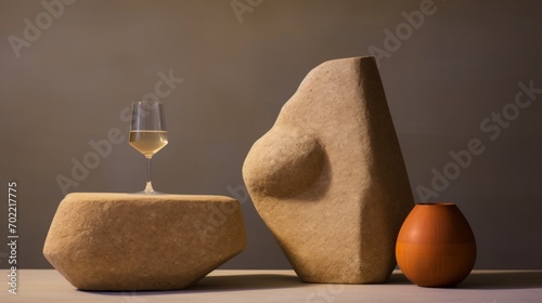 In the distinctive style of Afra Tobia Scarpa, envision a still life composition featuring stones arranged with a minimalistic approach. The use of cognac and travertine tones contributes to the subtl photo