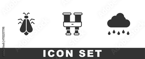 Set Mosquito, Binoculars and Cloud with rain icon. Vector