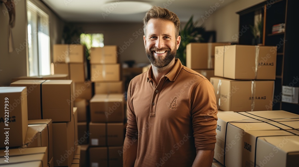 Startup small business, Businessman running an e-commerce small business. Male entrepreneur preparing orders for shipping at the home office, packaging box, ai generative Startup small business, Businessman running an e-commerce small business. Male entrepreneur preparing orders for shipping at the home office, packaging box, ai generative
