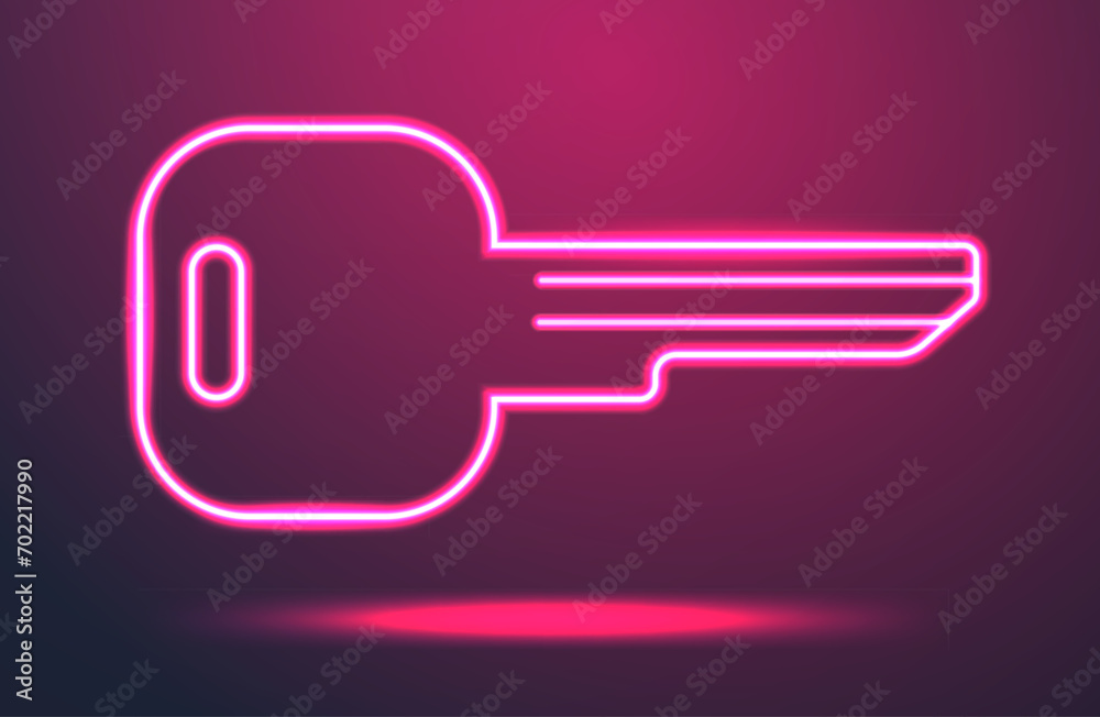 Neon pink key icon. Line glowing key symbol