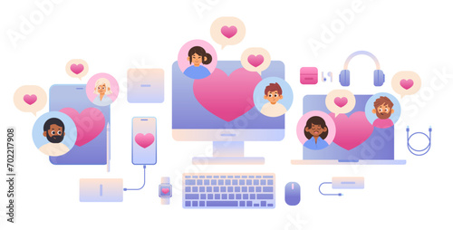 People chatting from different devices on isolated background. People of different races send love messages to each other. Online dating concept