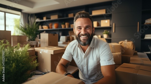 Startup small business, Businessman running an e-commerce small business. Male entrepreneur preparing orders for shipping at the home office, packaging box, ai generative	