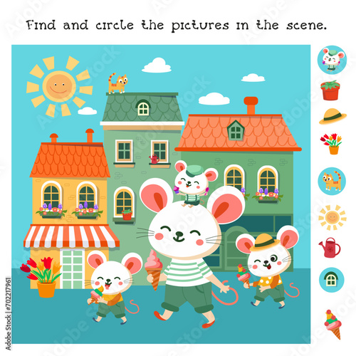 Find hidden objects in picture. Educational puzzle game for children Cute cartoon stylised mice in city eating ice cream. Scene for design of children's cards, books. Vector illustration. 