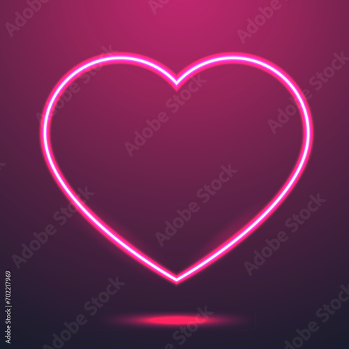 Pink neon heart icon. Line glowing love symbol on dark background
