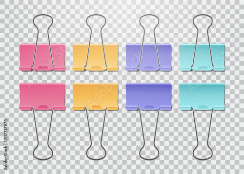 Realistic pastel color binder clippers set on transparent background. Pink, yellow, purpure and blue paper clips 3d illustration