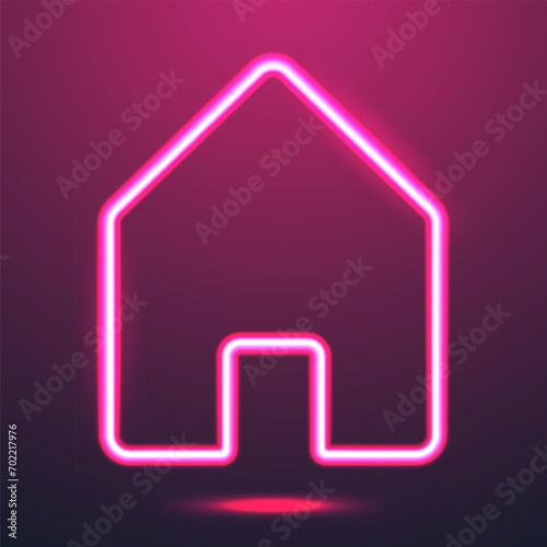 Neon pink house icon on a dark background. Line home glowing vector illustration