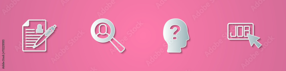 Set paper cut Resume, Magnifying glass for search job, Worker and Search icon. Paper art style. Vector Set paper cut Resume, Magnifying glass for search job, Worker and Search icon. Paper art style. Vector
