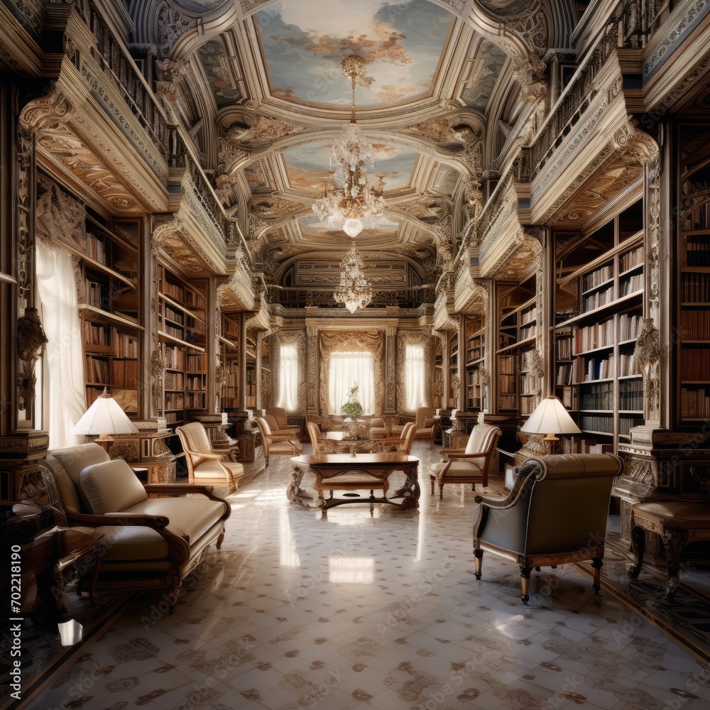 Dark interior of old library at university school. Generative Ai.