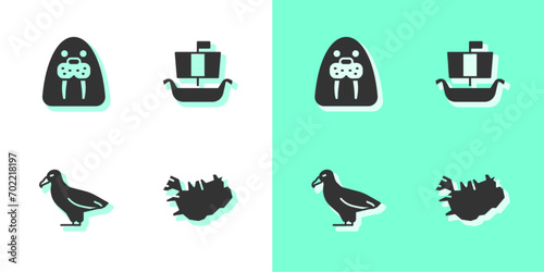 Set Map of Iceland, Walrus animal, Albatross and Viking ship Drakkar icon. Vector