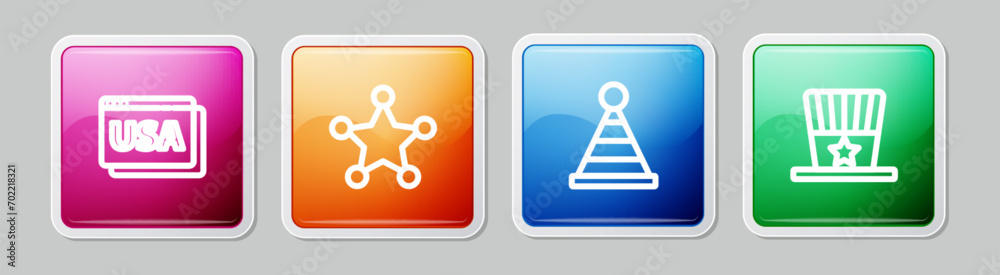 Obraz premium Set line USA on browser, Hexagram sheriff, Party hat and Patriotic American top. Colorful square button. Vector