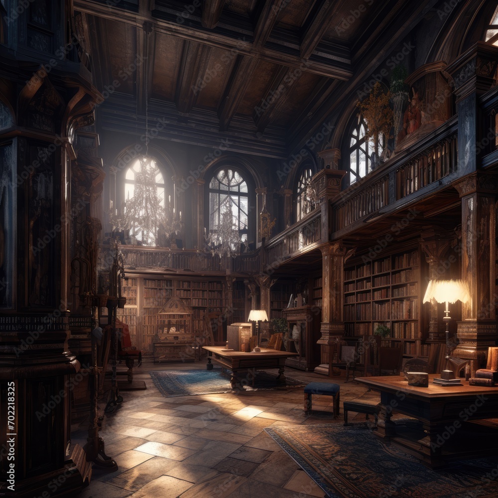 Dark interior of old library at university school. Generative Ai. Dark interior of old library at university school. Generative Ai.
