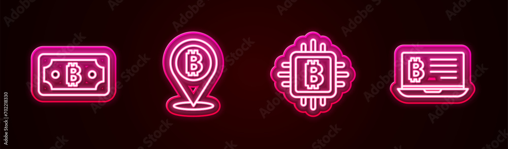 Set line Cryptocurrency bitcoin, Bitcoin, CPU mining farm and Mining from laptop. Glowing neon icon. Vector Set line Cryptocurrency bitcoin, Bitcoin, CPU mining farm and Mining from laptop. Glowing neon icon. Vector