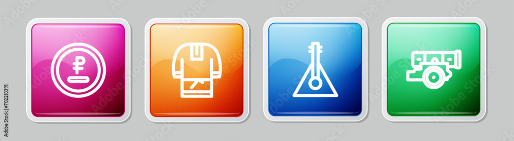Set line Rouble, ruble currency, Kosovorotka, Balalaika and Cannon. Colorful square button. Vector Set line Rouble, ruble currency, Kosovorotka, Balalaika and Cannon. Colorful square button. Vector