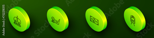 Set Isometric line British crown, Golf club with ball on tee, Pound sterling money and Tram and railway icon. Vector