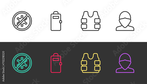 Set line Protest, Police assault shield, Bulletproof vest and Vandal on black and white. Vector