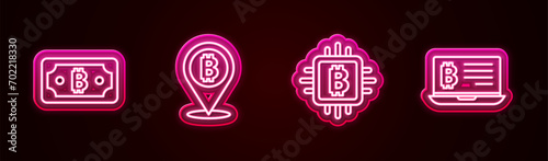 Set line Cryptocurrency bitcoin, Bitcoin, CPU mining farm and Mining from laptop. Glowing neon icon. Vector