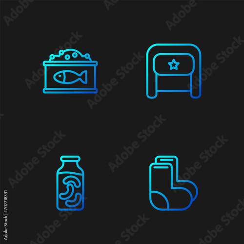 Set line Valenki, Pickled cucumbers in jar, Tin can with caviar and Ushanka. Gradient color icons. Vector