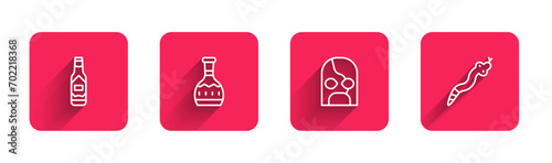 Set line Tabasco sauce, Tequila bottle, Mexican wrestler and Snake with long shadow. Red square button. Vector