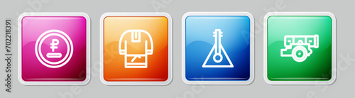 Set line Rouble, ruble currency, Kosovorotka, Balalaika and Cannon. Colorful square button. Vector
