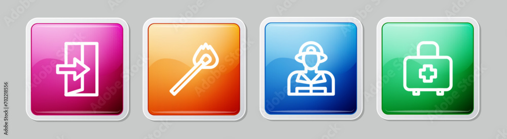 Set line Fire exit, Burning match with fire, Firefighter and First aid kit. Colorful square button. Vector Set line Fire exit, Burning match with fire, Firefighter and First aid kit. Colorful square button. Vector
