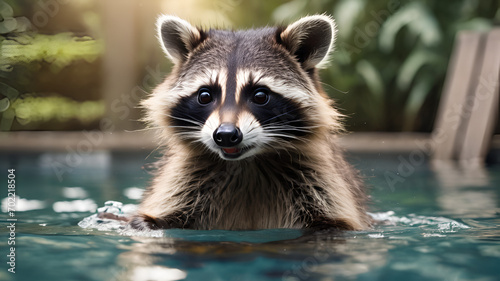 a cute photo of a raccoon swimming in a pool,Playful Raccoon Pose, Wildlife Swimming, Cute Animal Expression,