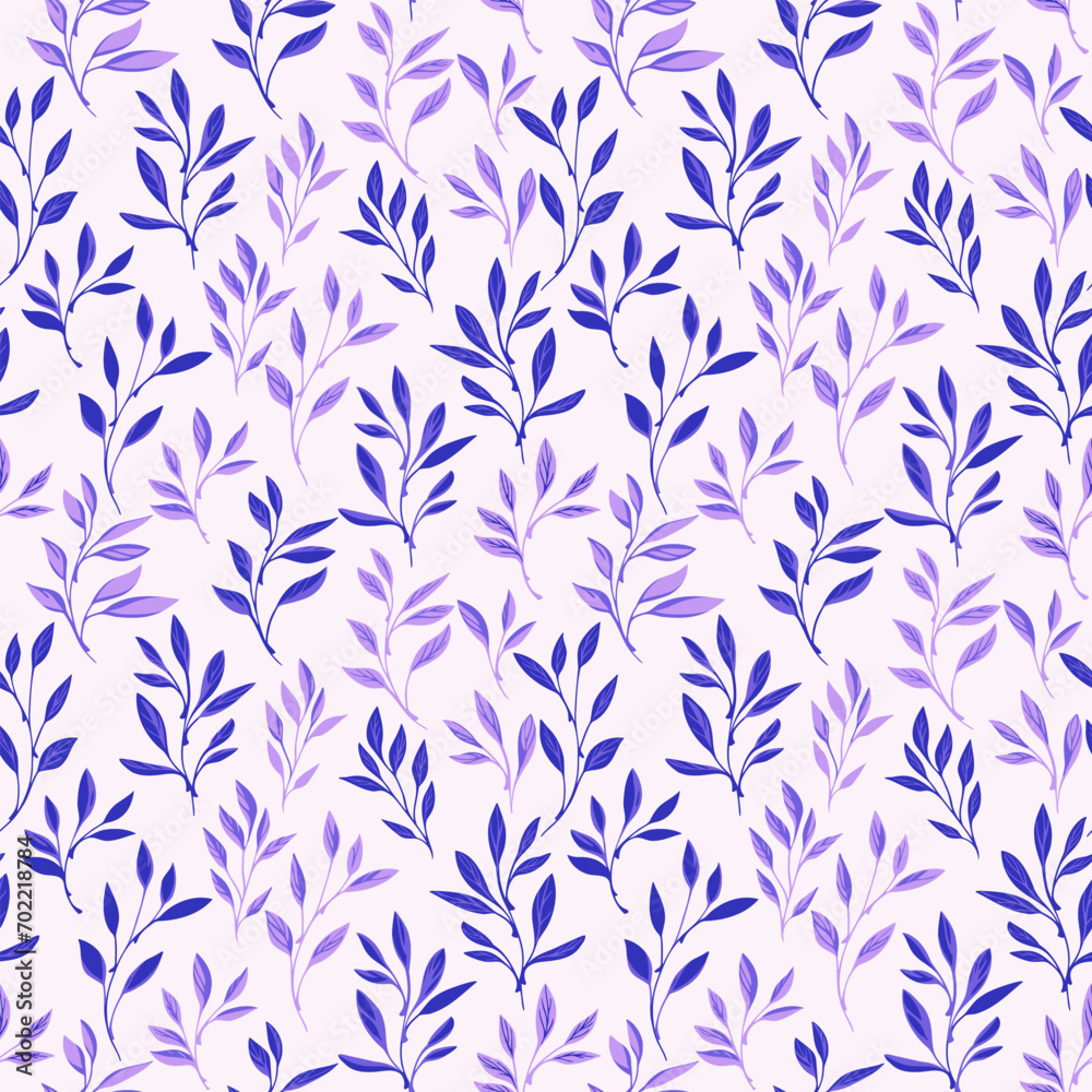 Naklejka premium Elegance tine leaves branches seamless pattern. Vector hand drawn sketch. Creative stylized stems leaf print. Purple blue botanical floral on a light background. Design for fashion, fabric, wallpaper