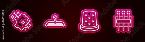 Set line Leather, Hanger wardrobe, Thimble for sewing and Needle. Glowing neon icon. Vector
