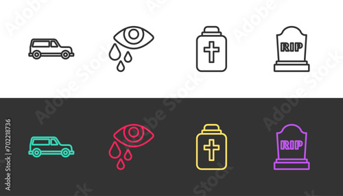Set line Hearse car, Tear cry eye, Funeral urn and Tombstone with RIP written on black and white. Vector