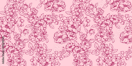 Blooming textured branches flowers with buds, leaves seamless pattern. Vector hand drawn. Pastel background with abstract artistic graphic floral printing. Design for fashion, fabric, wallpaper.