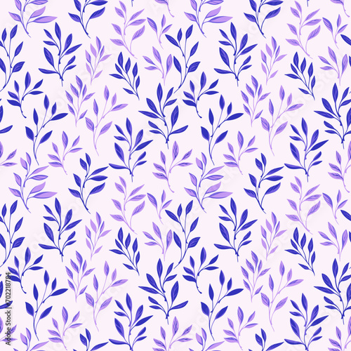 Elegance tine leaves branches seamless pattern. Vector hand drawn sketch. Creative stylized stems leaf print. Purple blue botanical floral on a light background. Design for fashion, fabric, wallpaper
