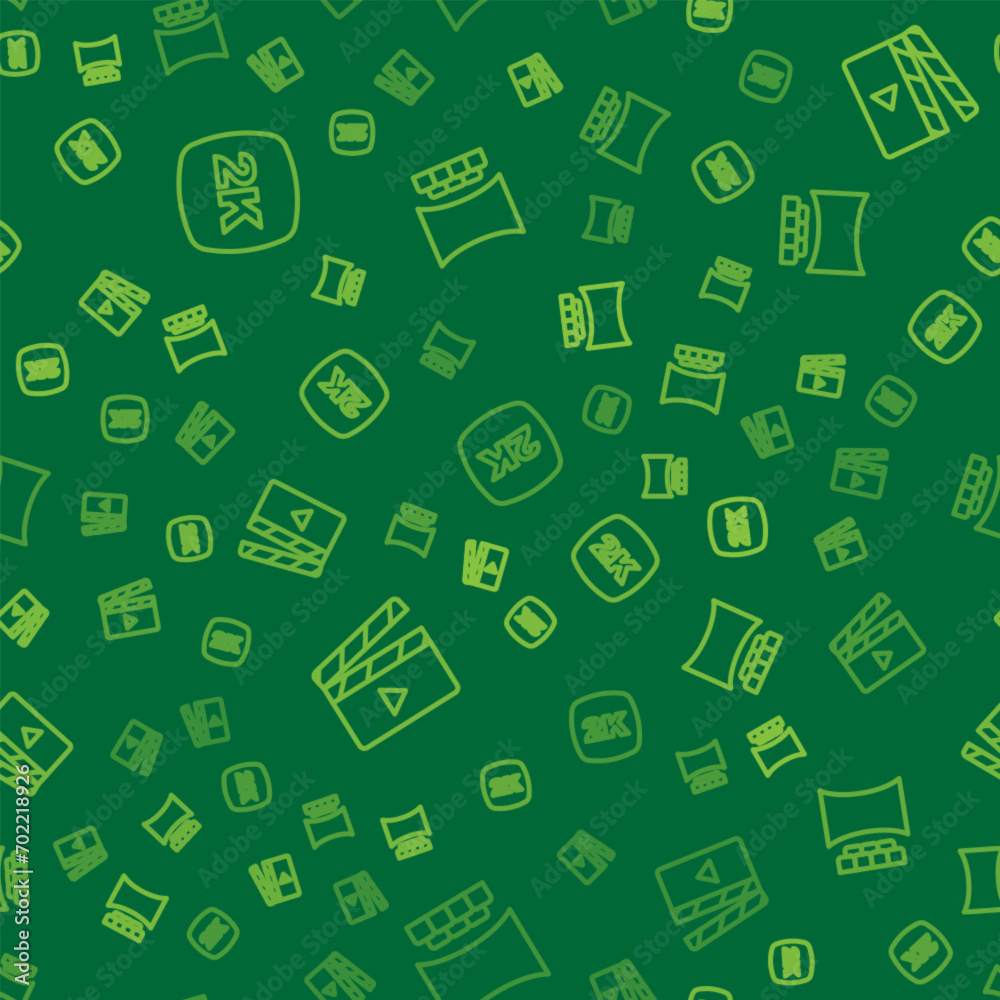 Set line 2k Ultra HD, Movie clapper and Cinema auditorium with screen on seamless pattern. Vector Set line 2k Ultra HD, Movie clapper and Cinema auditorium with screen on seamless pattern. Vector
