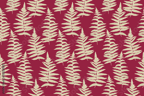 Seamless art shape leaves fern pattern. Vector hand drawn. Abstract stylized silhouettes leaf stems print on a burgundy background. Design for fashion, fabric, wallpaper